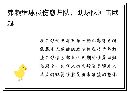 弗赖堡球员伤愈归队，助球队冲击欧冠