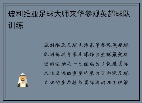 玻利维亚足球大师来华参观英超球队训练