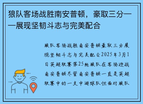 狼队客场战胜南安普顿，豪取三分——展现坚韧斗志与完美配合