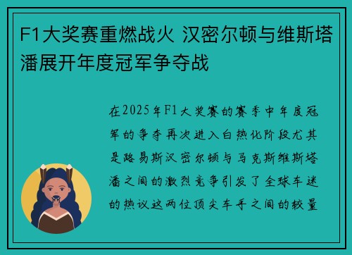 F1大奖赛重燃战火 汉密尔顿与维斯塔潘展开年度冠军争夺战